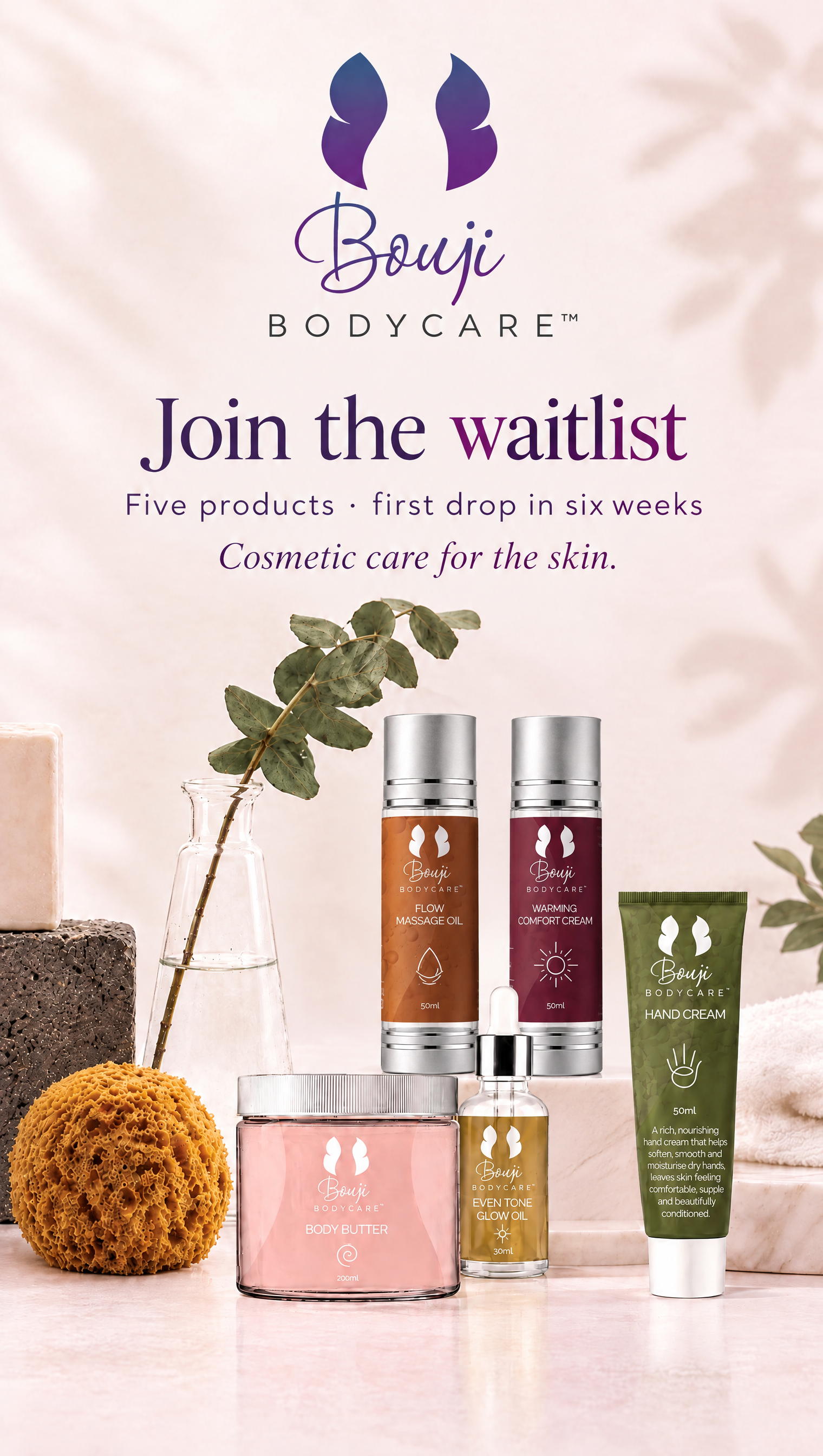 Bouji Bodycare lineup: Body Butter, Flow Massage Oil, Warming Comfort Cream, Even Tone Glow Oil and Hand Cream